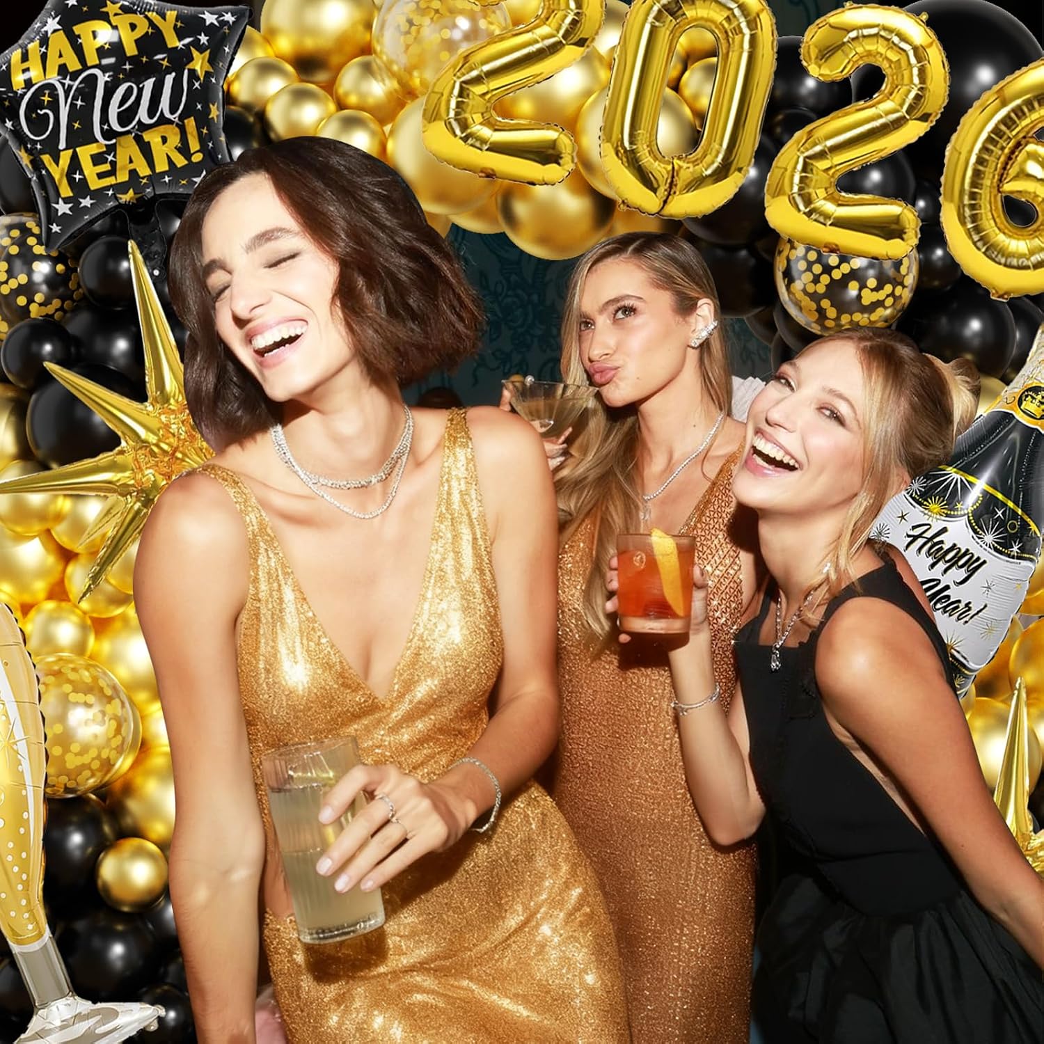 New Years Decorations 2026, New Year Balloon Arch with Black Gold Confetti 2026 Balloons for Eve Party Supplies Nye