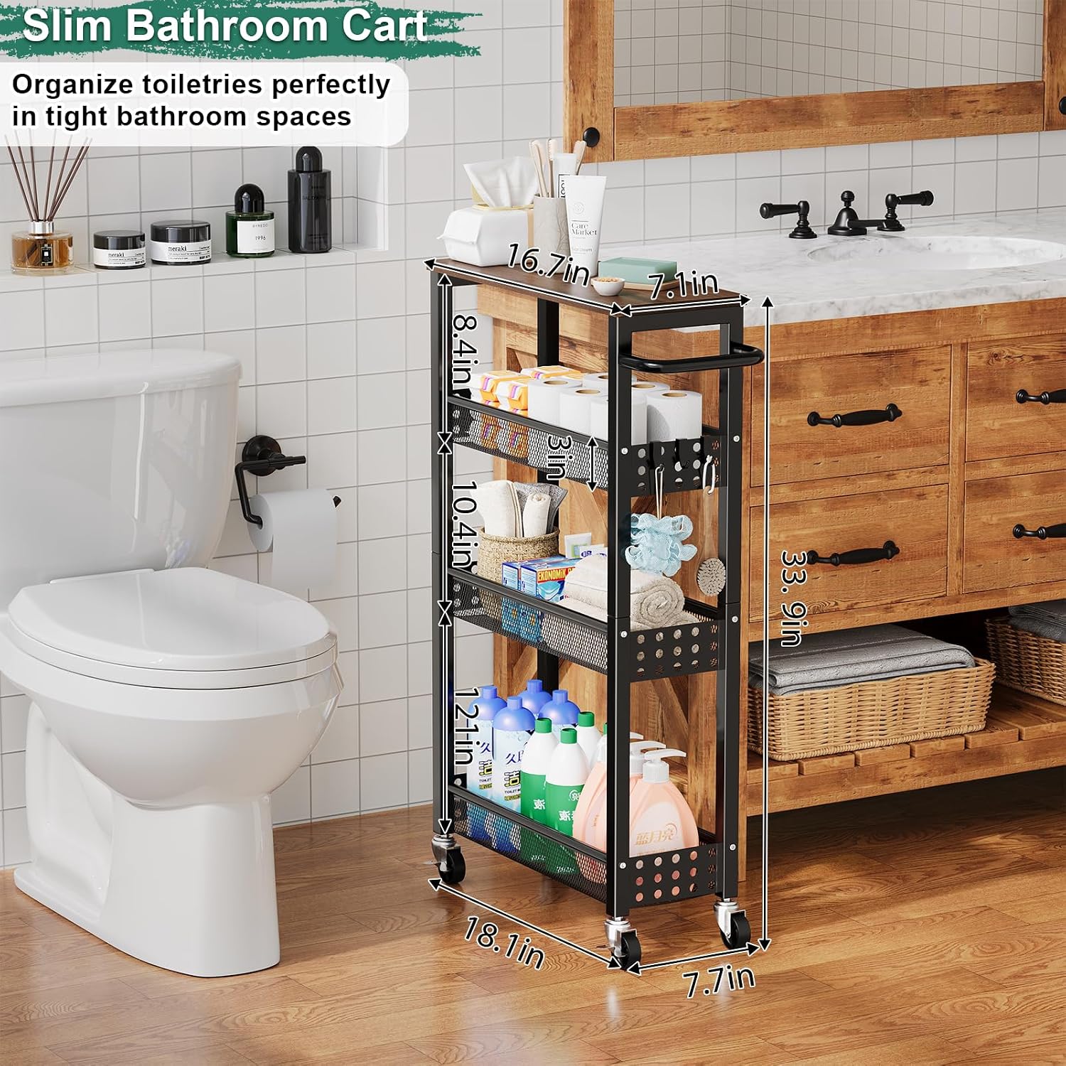 Utility Slim Rolling Cart with Table Top, Narrow Laundry Room Organization and Storage Shelves for Between Washer and