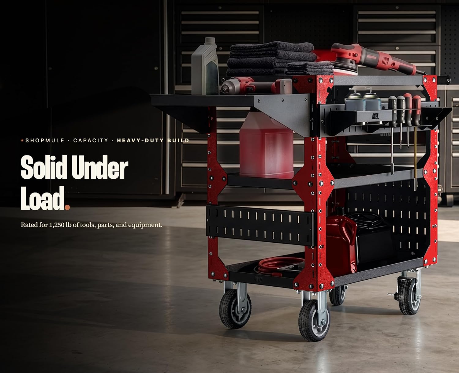 Red Shopmule Rolling Tool Cart, 1250 lb Capacity, Heavy-Duty Steel Utility Cart with 6" Locking Casters, Tray Mats