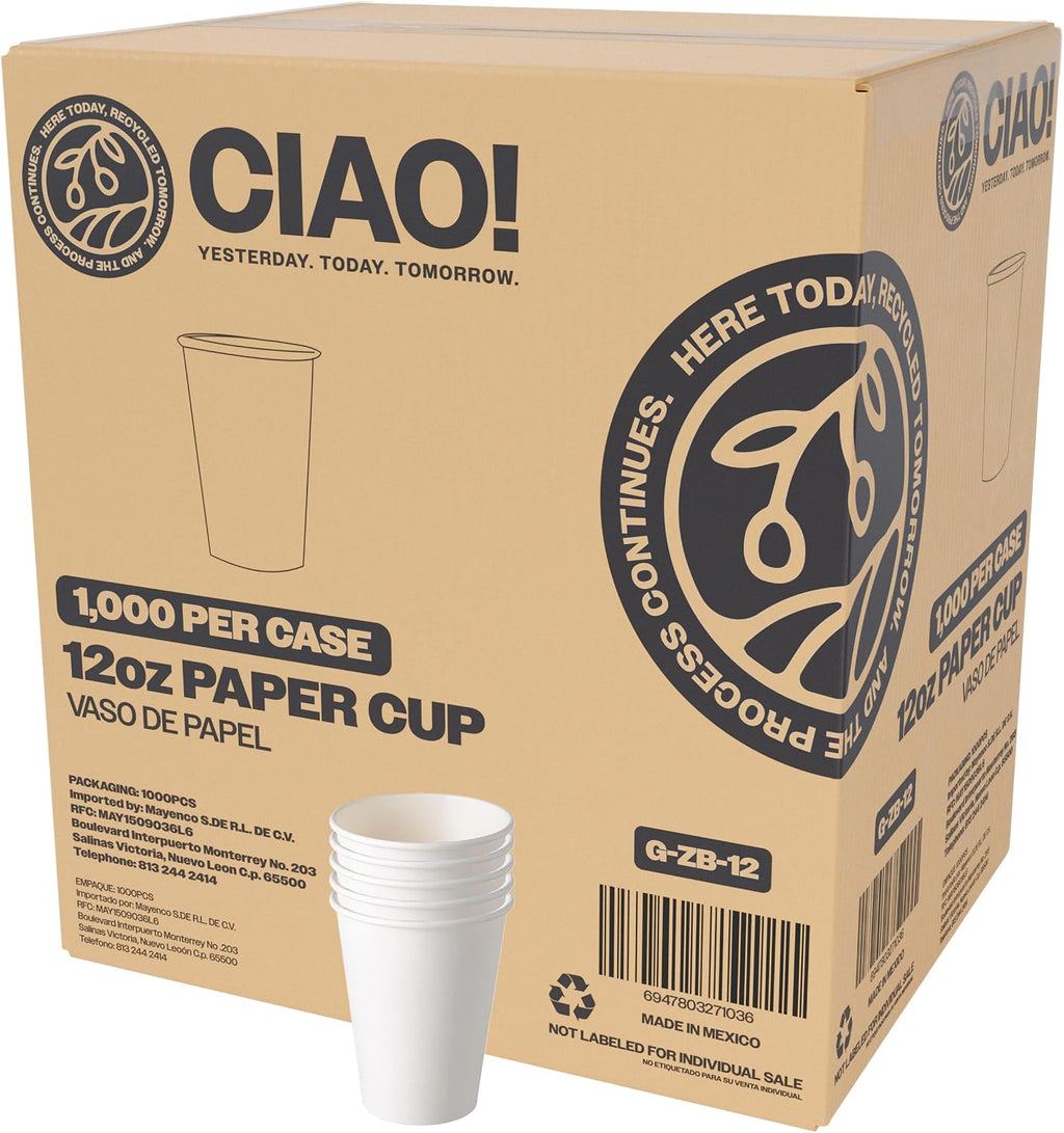 12oz White Paper Hot Cup, Disposable, 90mm Diameter 1,000 Count