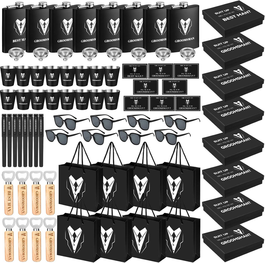 80 Pcs Groomsmen Gifts Set of 8, Groomsmen Proposal Gift Set, 8 Flask and 16 Stainless Steel Shot Glass 8 Wood Bottle