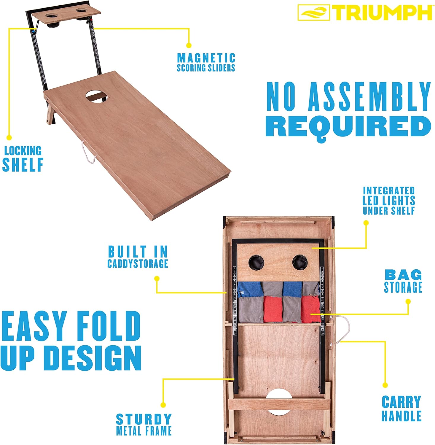 Triumph 2x4 Cornhole Set with Integrated Caddy and LED Lights – Full-Size Cornhole Boards with Cup Holders, Snack