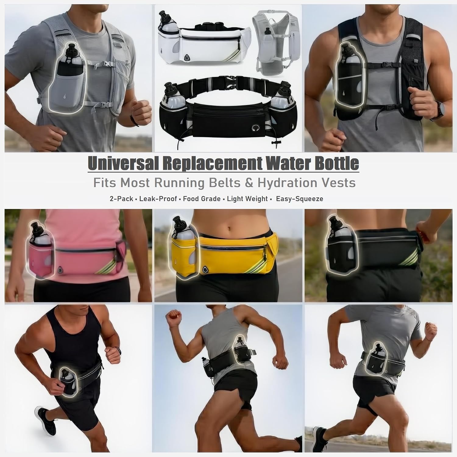 2x10oz BPA-Free Water Bottles for the Running Hydration Belt, Fuel Belts Replacement Bottle Set for Marathon Walking