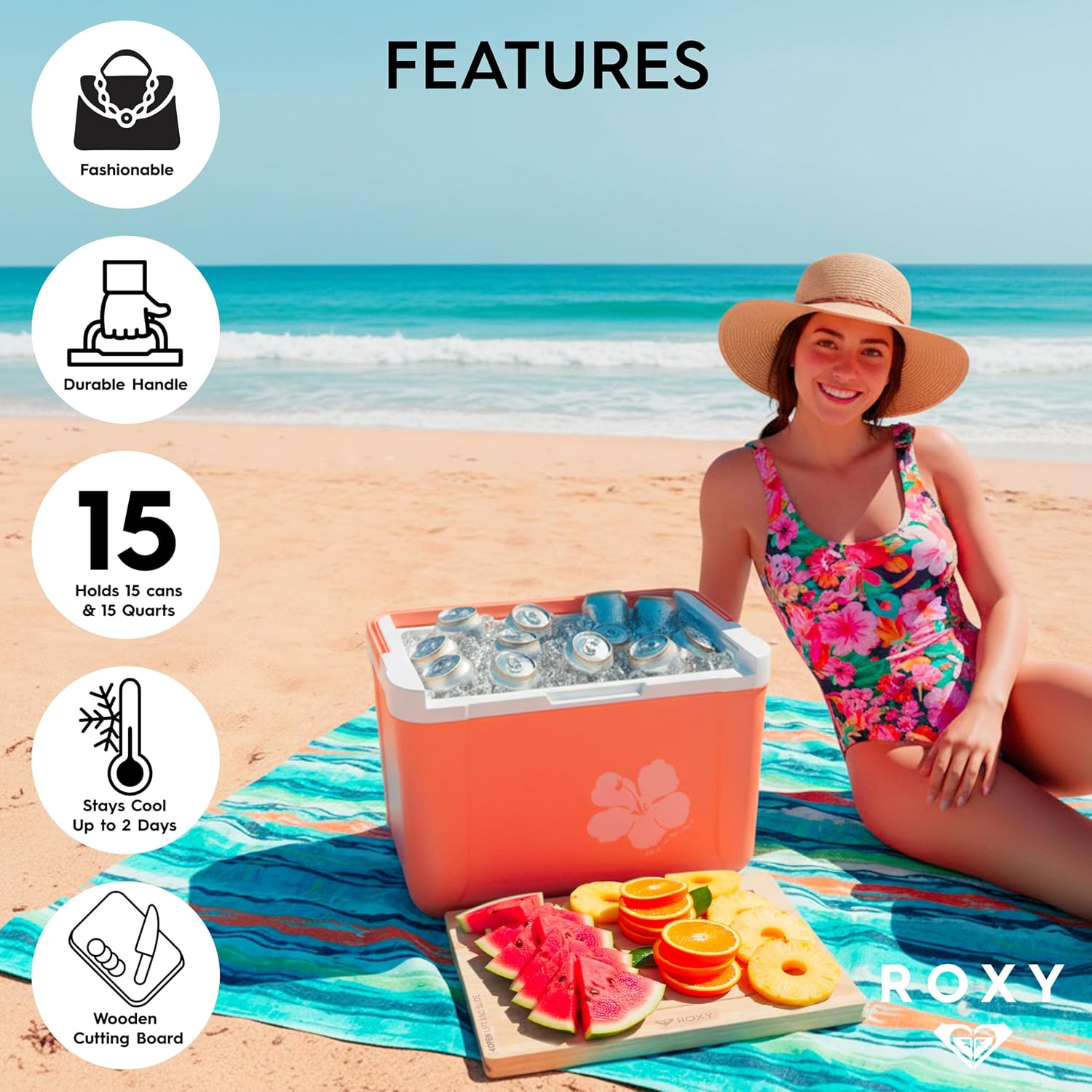 15 Quart Cooler with Sliding Wooden Lid and Cutting Board, Portable Insulated Hard Cooler for Beach, Picnic, Travel