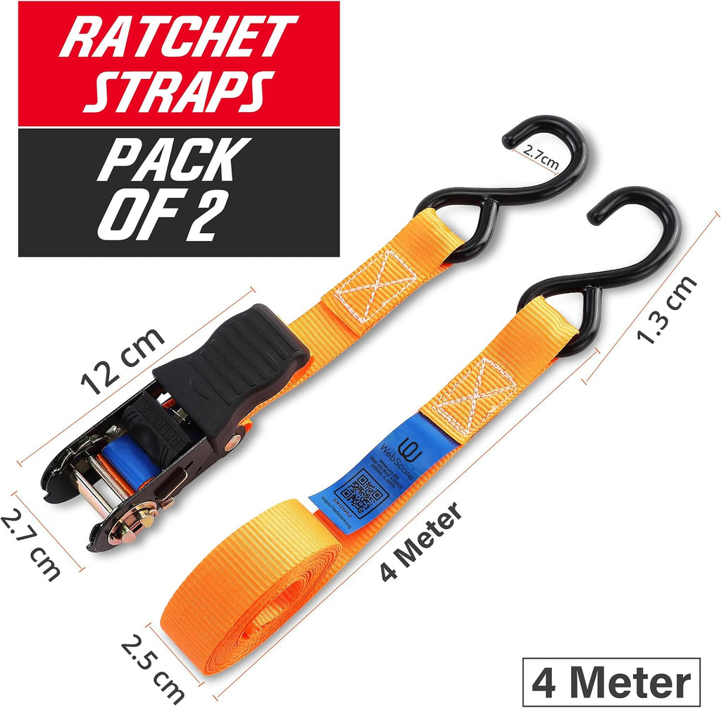 Ratchet Straps 2 Pack – 1 Inch x 13 Feet, 2000 lb Heavy Duty Tie Down Straps with S Hooks, Cargo Straps for Truck