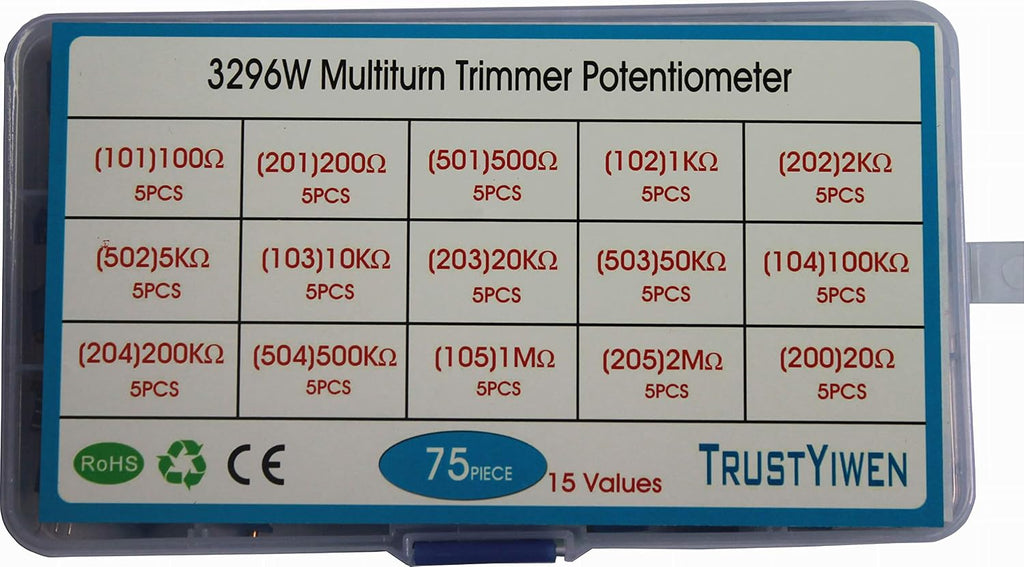 New 75pcs 15values 20 to 2M ohm 3296W Multiturn Trimmer Potentiometer Assortment Kit