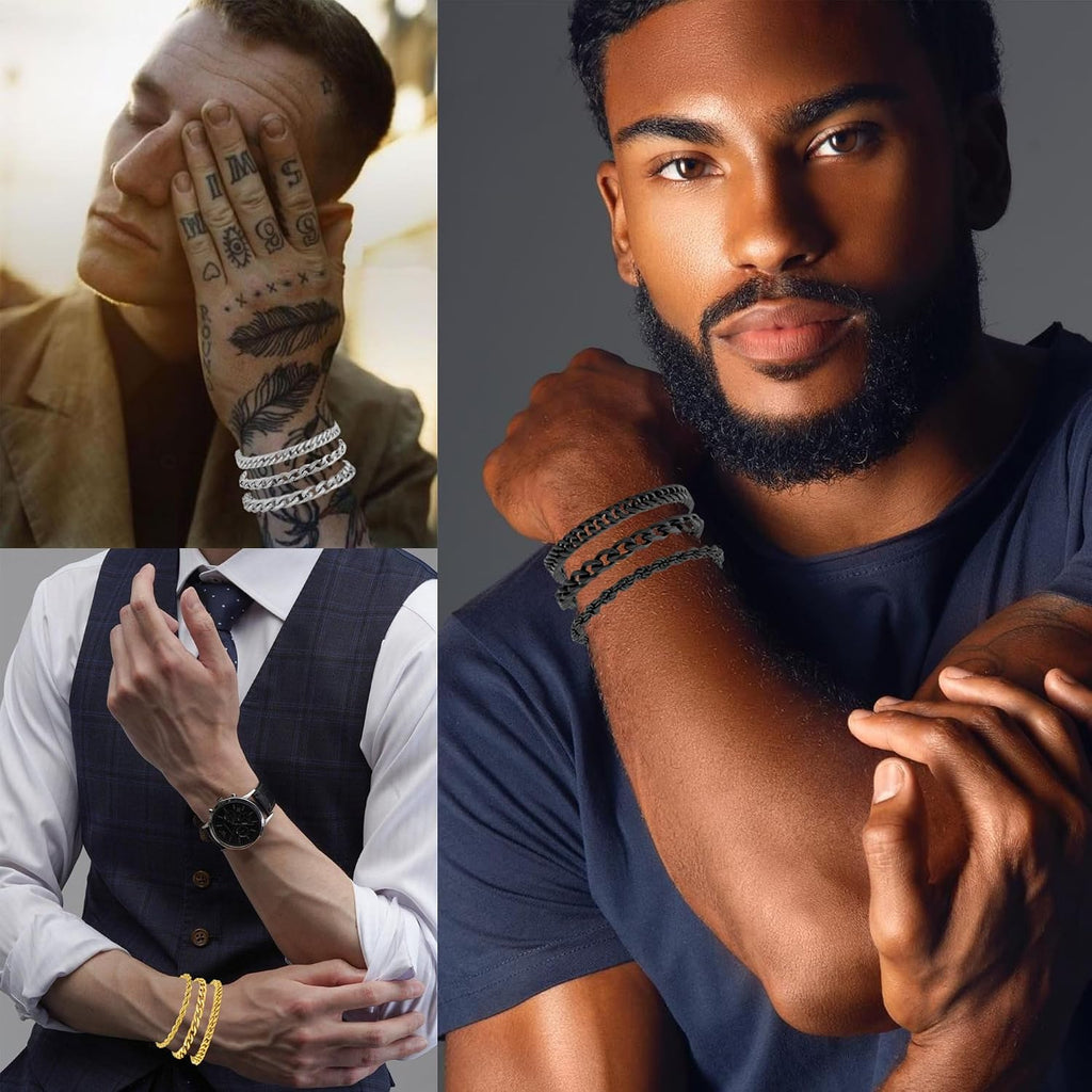 6 Pcs Stainless Steel Bracelets for Men Bracelets for Men Cuban Link Bracelet Rope Paperclip Snake Chain Bracelet Set