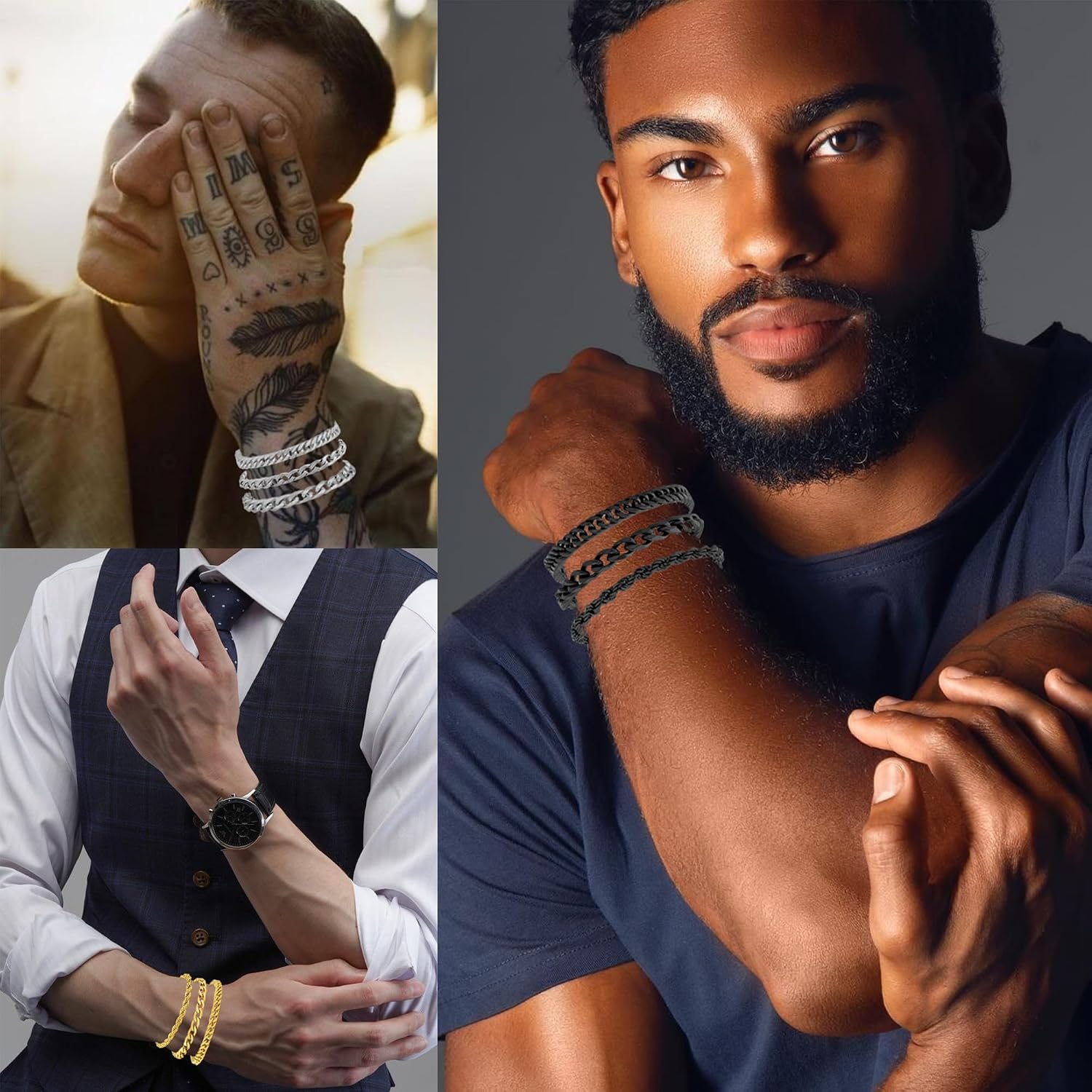 6 Pcs Stainless Steel Bracelets for Men Bracelets for Men Cuban Link Bracelet Rope Paperclip Snake Chain Bracelet Set