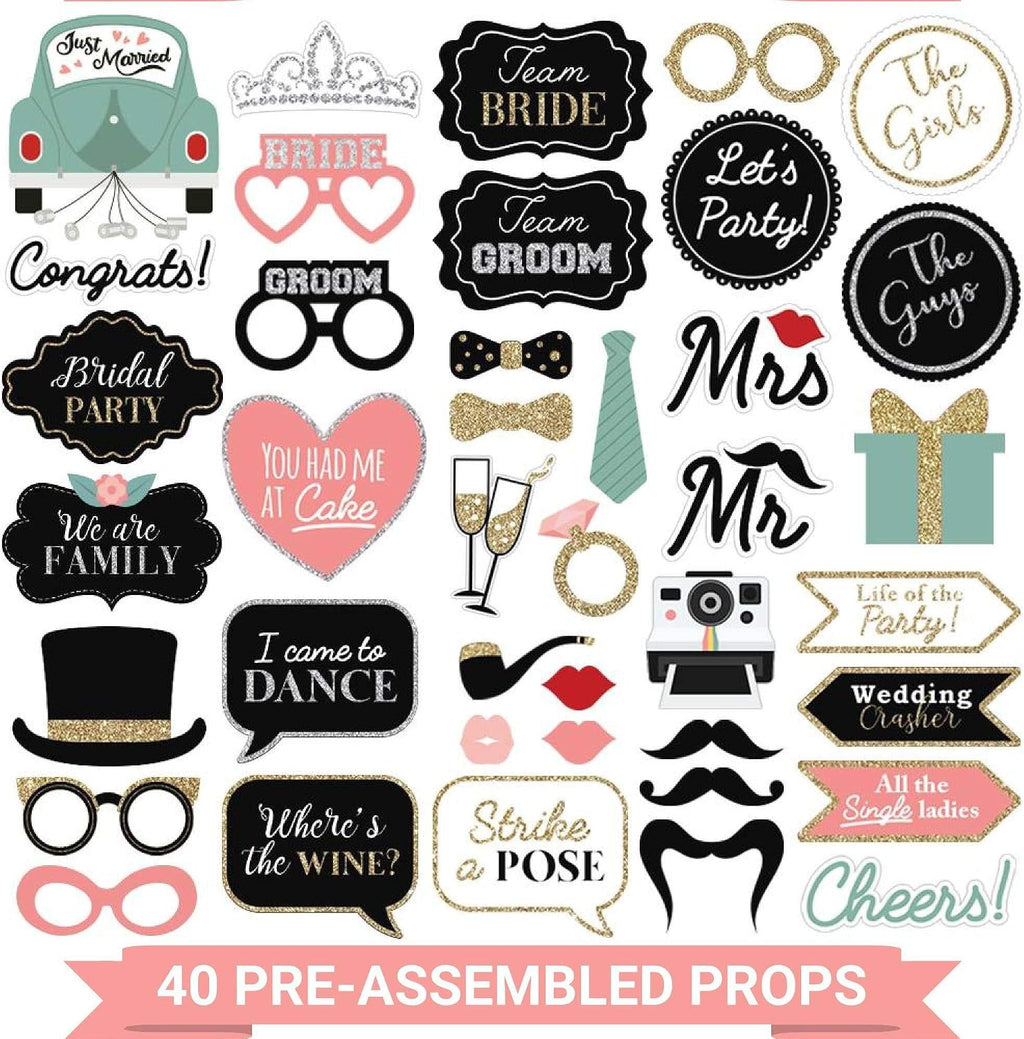 Fully Assembled Wedding Photo Booth Props - Set of 40 - Pink & Teal