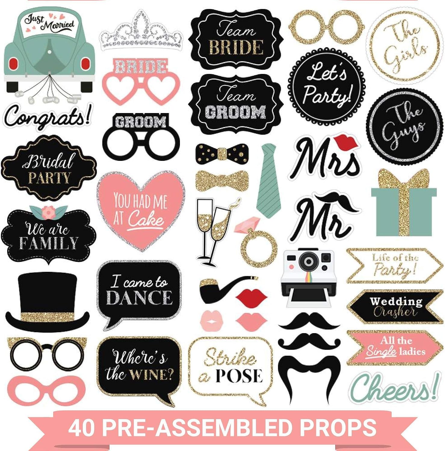 Fully Assembled Wedding Photo Booth Props - Set of 40 - Pink & Teal