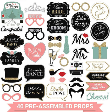 Fully Assembled Wedding Photo Booth Props - Set of 40 - Pink & Teal