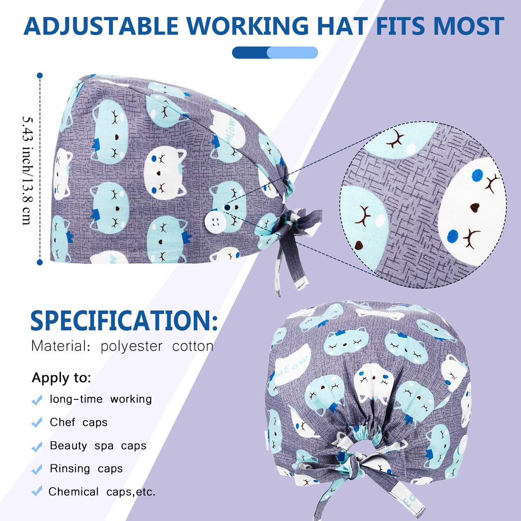 10 Pieces Women Scrub Caps Surgical Nurse Working Hats with Button and Sweatband Adjustable Elastic Nursing Bouffant