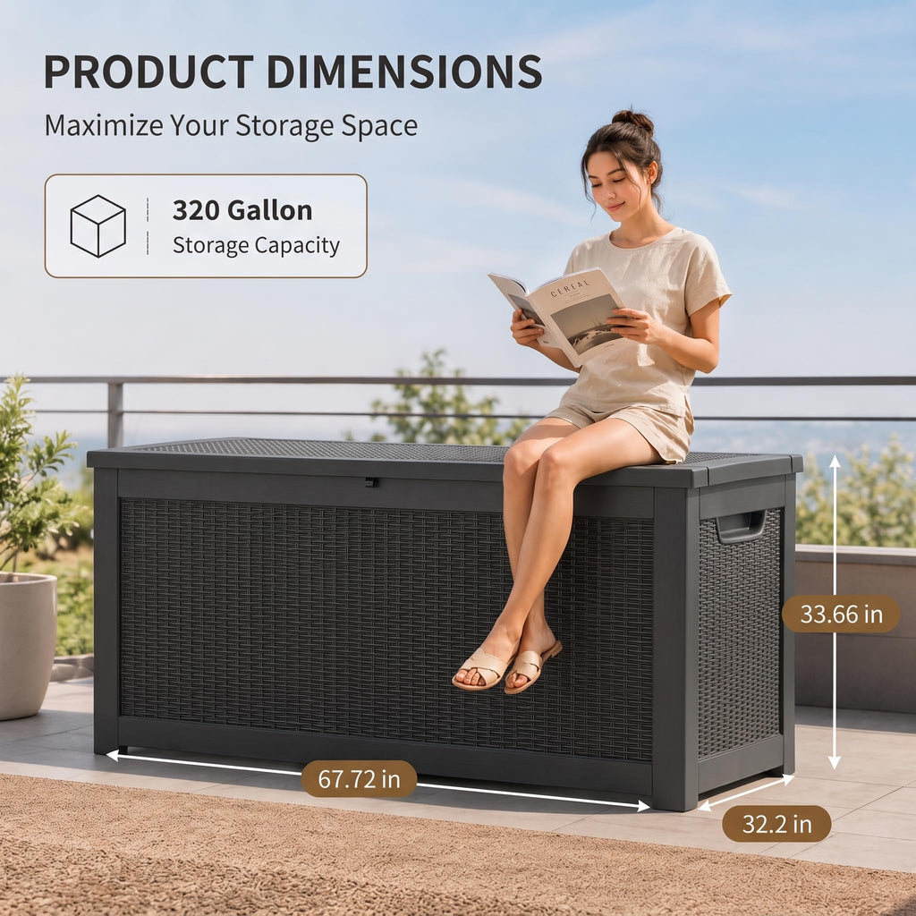 350 Gallon Extra Large Outdoor Storage Box，Resin Waterproof Deck Box，Black