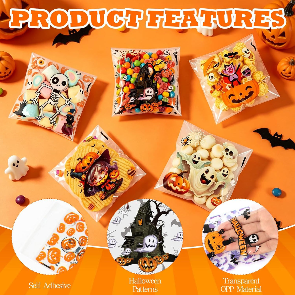 Halloween Treat Bags 200 PCS, Self Seal Cellophane Candy Bags (Set A)