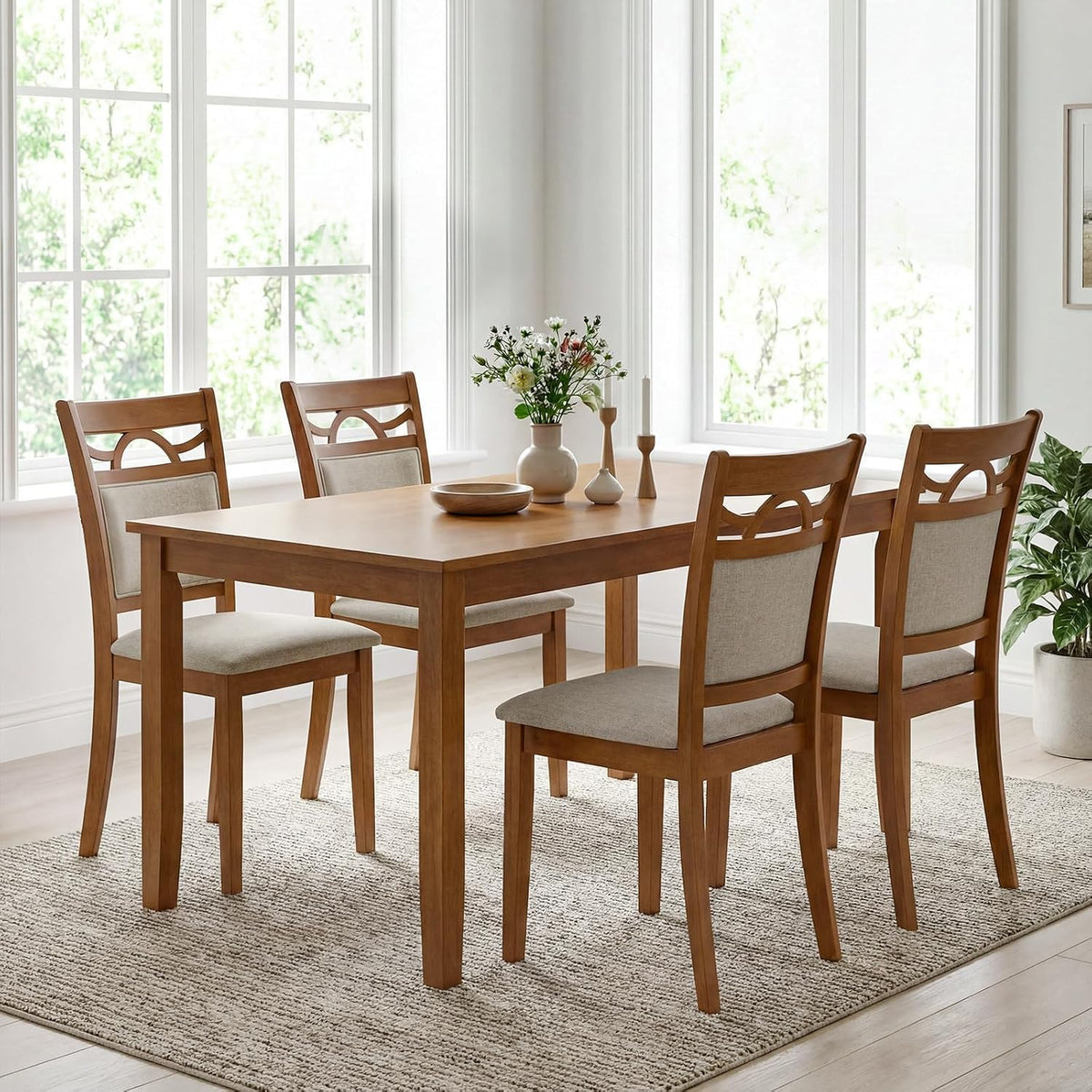 Wooden Dining Chairs Set of 4, Farmhouse Side Chairs w/Solid Rubber Wood Frames, Comfortable Backrests, Upholstered