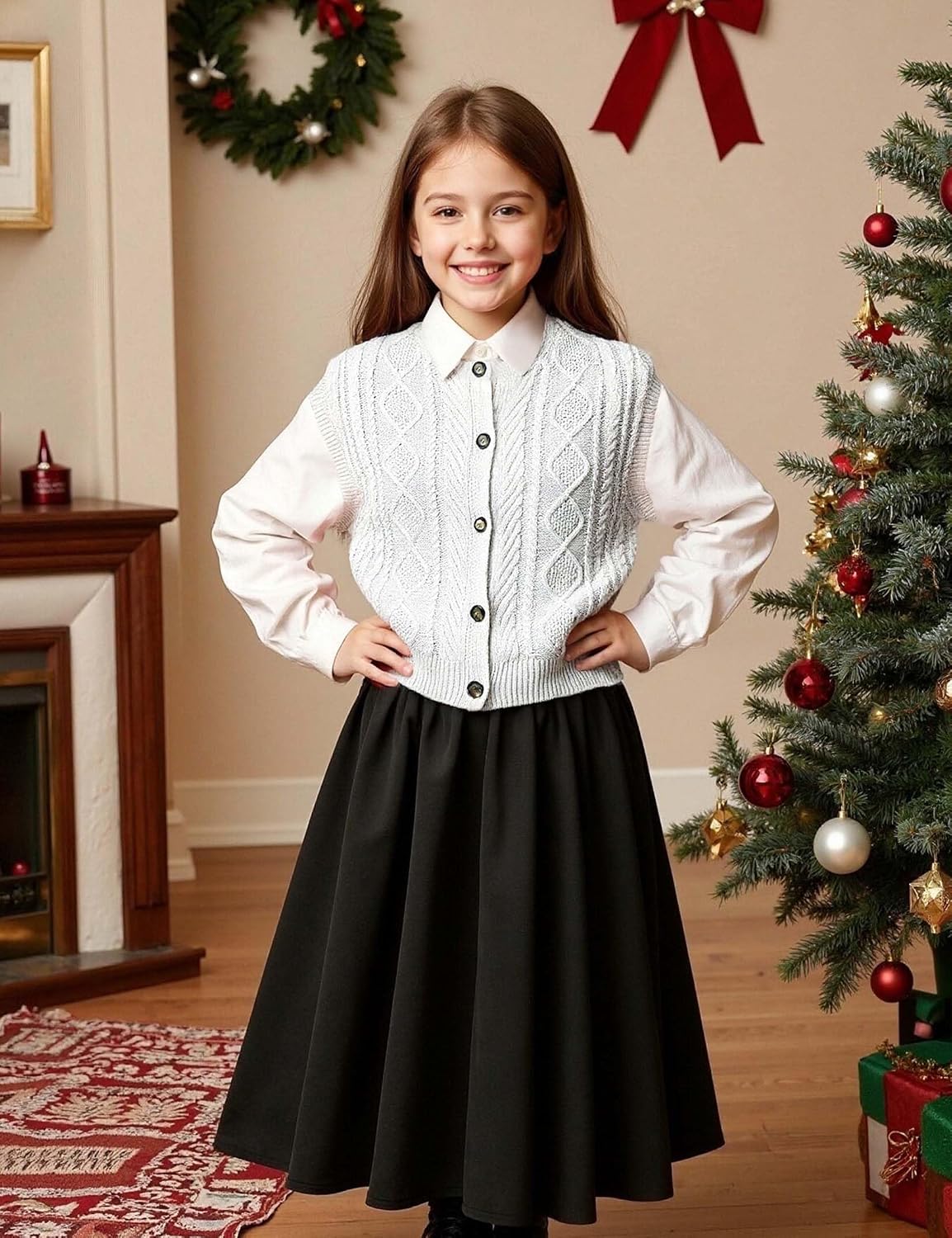 Kid Girls Sweater Vest Sleeveless Button Down Knit Cardigan School Uniform Sweater Vest Top 5-13Y