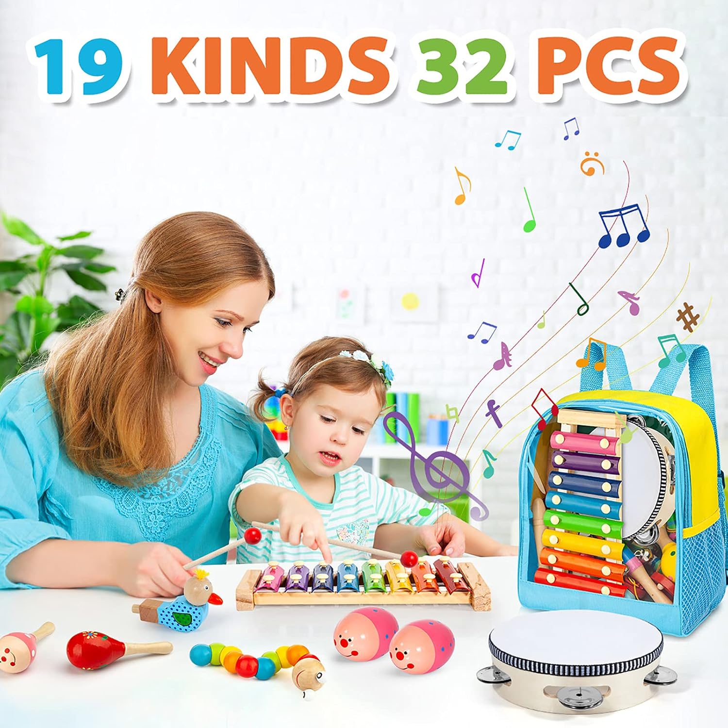 Toddler Musical Instruments Set, 32 PCS 19 Kinds Wooden Percussion Instruments Toys for Kids Playing Preschool