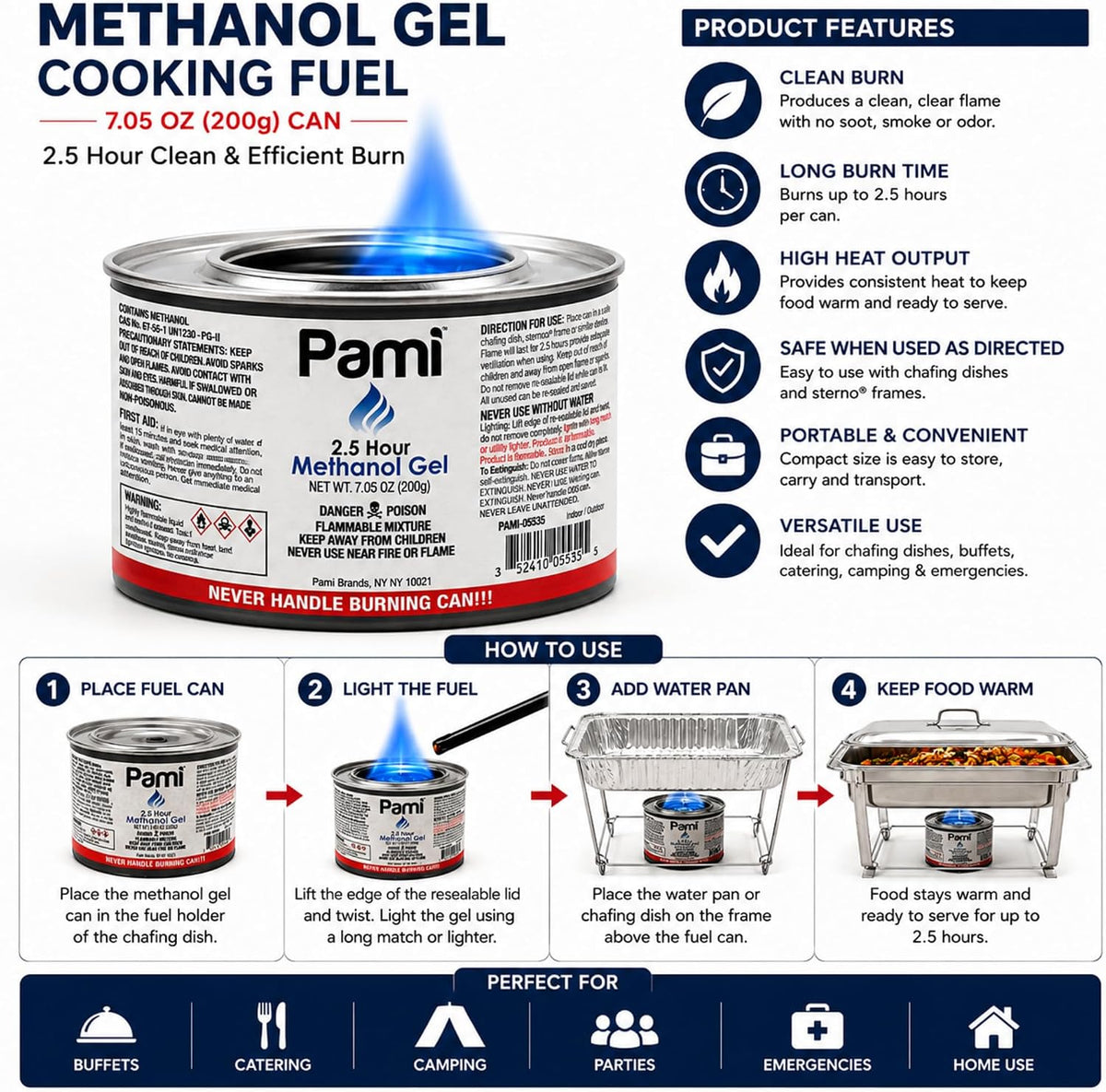 Pami Chafing Fuel Cans - Chafing Dish Fuel Cans with 2.5-Hour Burn Time, Methanol Fuel Gel Cans for Food Warmer