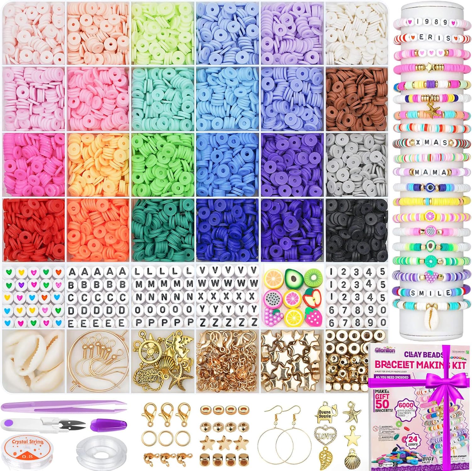 6000 Clay Beads Bracelet Making Kit, 24 Colors Flat Preppy Beads for Friendship Bracelets, Polymer Clay Bead with