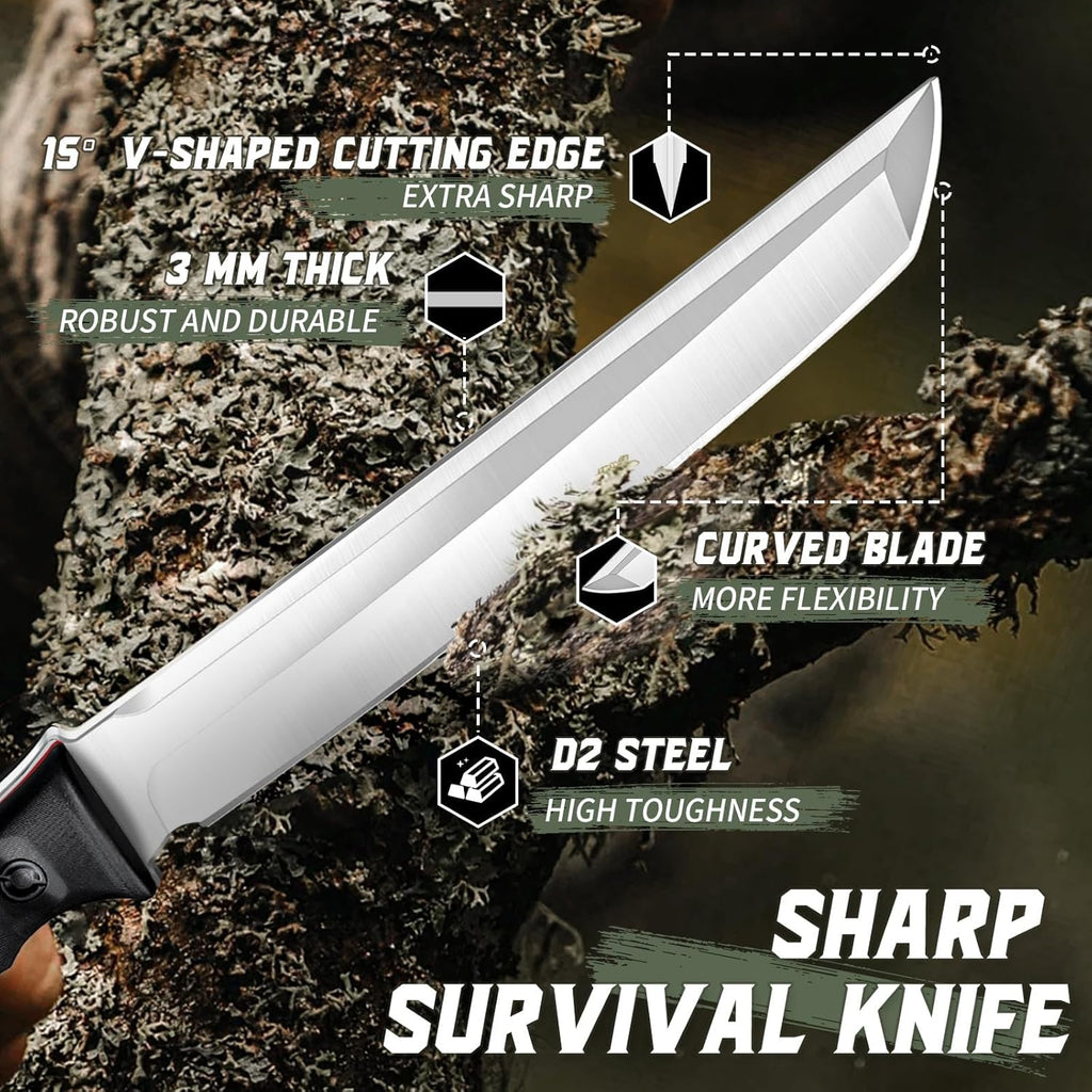 Tactical Knife Kydex - Outdoor Fixed Blade with Green Sheath | Full Tang Survival Knife Camping Hiking Gift Men