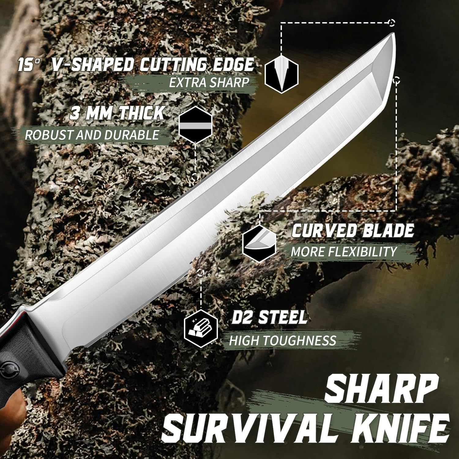 Tactical Knife Kydex - Outdoor Fixed Blade with Green Sheath | Full Tang Survival Knife Camping Hiking Gift Men