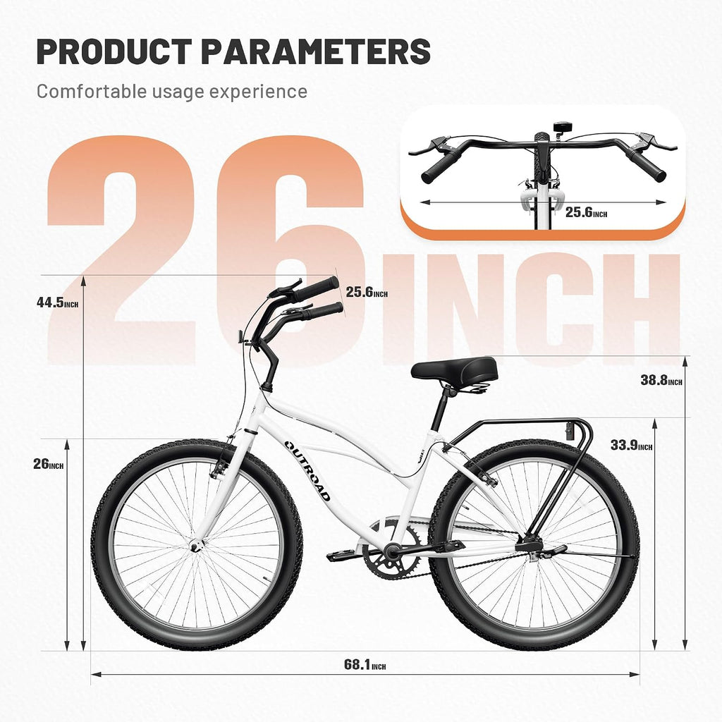 Beach Cruiser Bike for Women and Men, 24/26 Inch 1-Speed Adult Bicycle, Comfortable Step-Through Frame with Rear