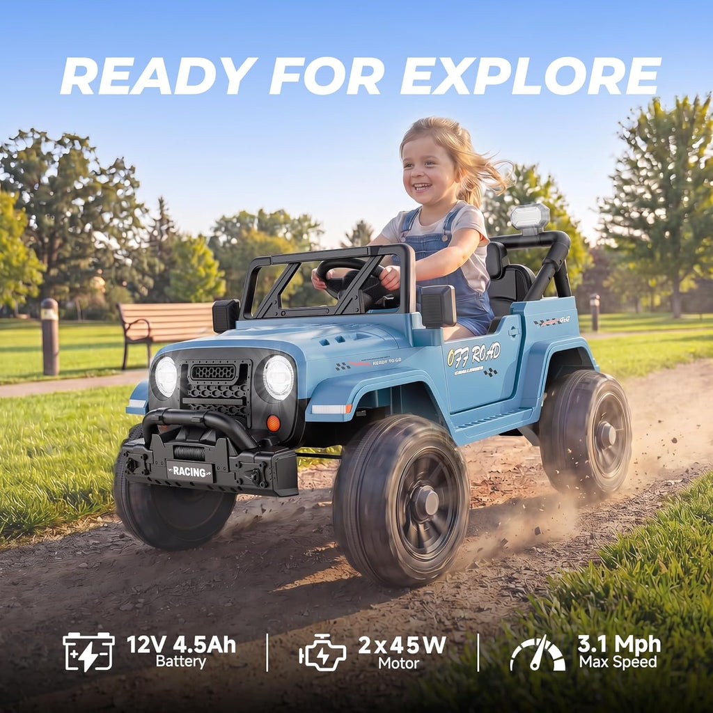 12V Electric Ride On Car, Toddler First Car, Blue | Realistic truck styling, parent remote control, soft start