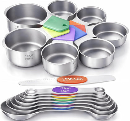 Magnetic Measuring Cups and Spoons Set304 Stainless Steel Dual Scale Set of 15, Strong N52 Magnetic Nesting Design