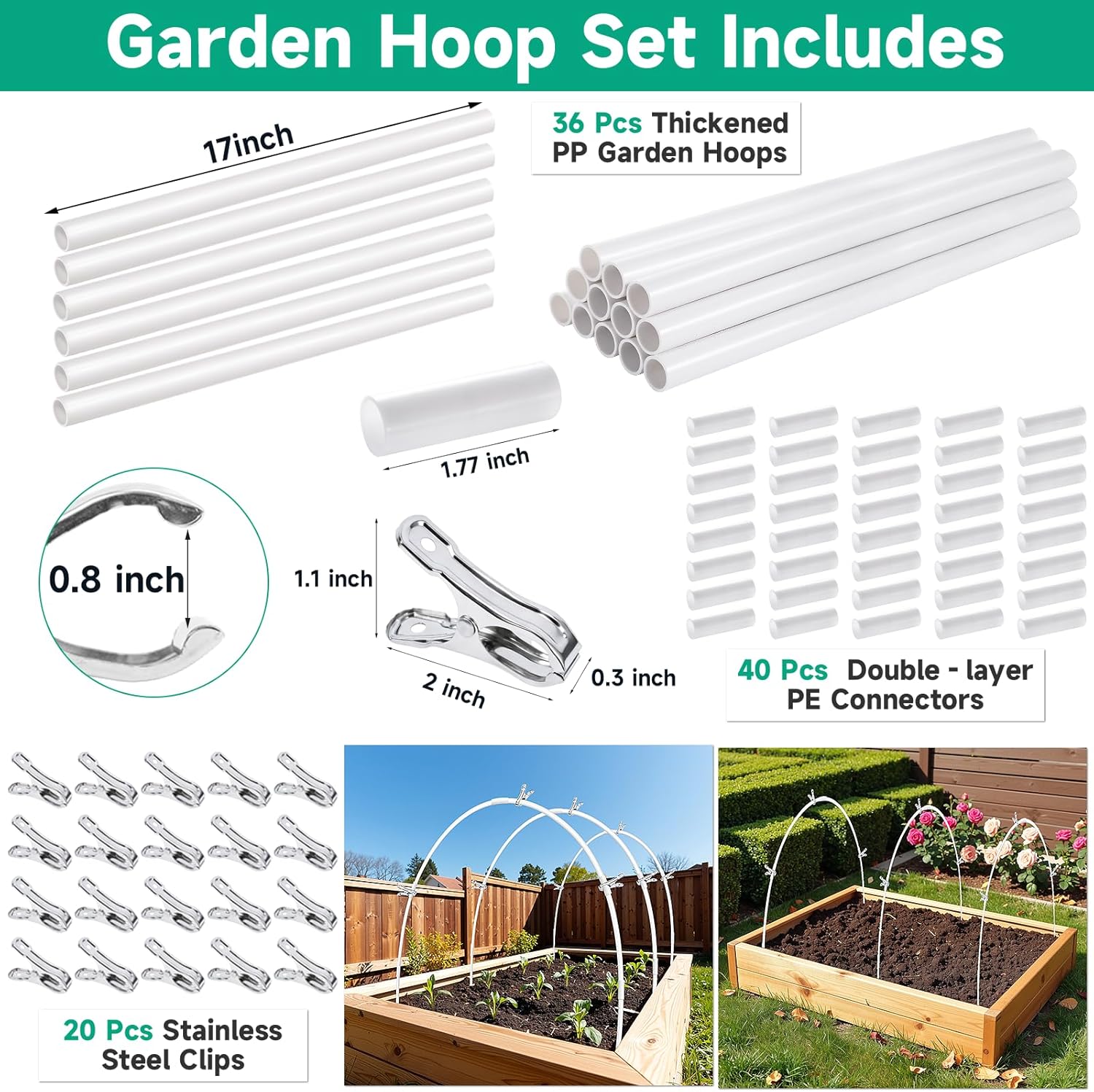 Greenhouse Garden Hoops for Raised Beds Plant Cover Netting, 36pcs PVC Adjustable Garden Hoop with 20 Clips for Shade