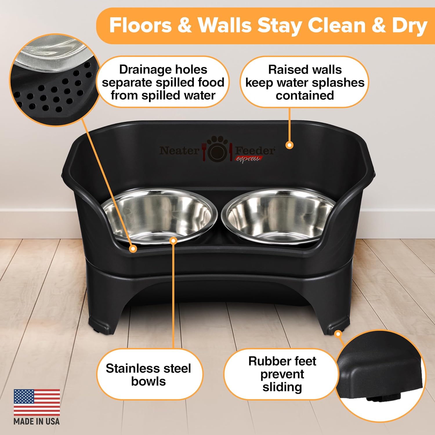 Express Mess Proof Dog Bowls Elevated for Medium to Large Sized Breed, No Spill Raised Dog Food Bowl Stand, Stainless