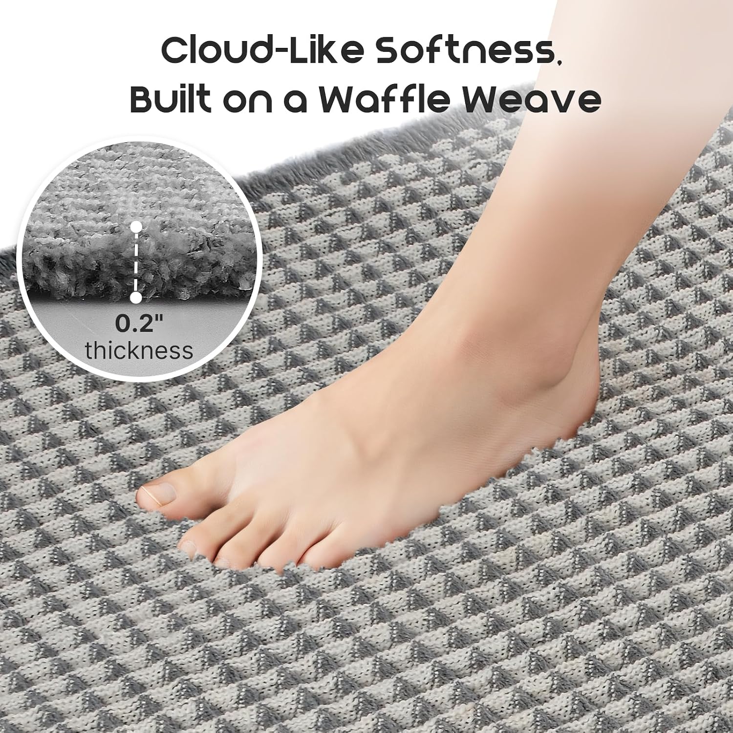 Waffle Bath Mat Super Absorbent, 18"×30" & 18"×30", Grey & White | Soft Non-Slip Boho Bath Rugs with Flat-woven Hot