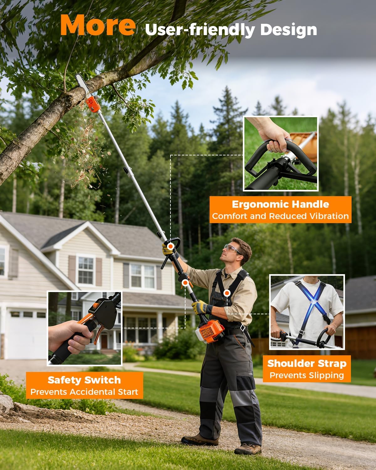 26CC Gas Pole Saw – Extendable 6.9-9.5 FT Gas-Powered Tree Trimmer, 10" Chainsaw Bar, 90° Adjustable Head, Cuts