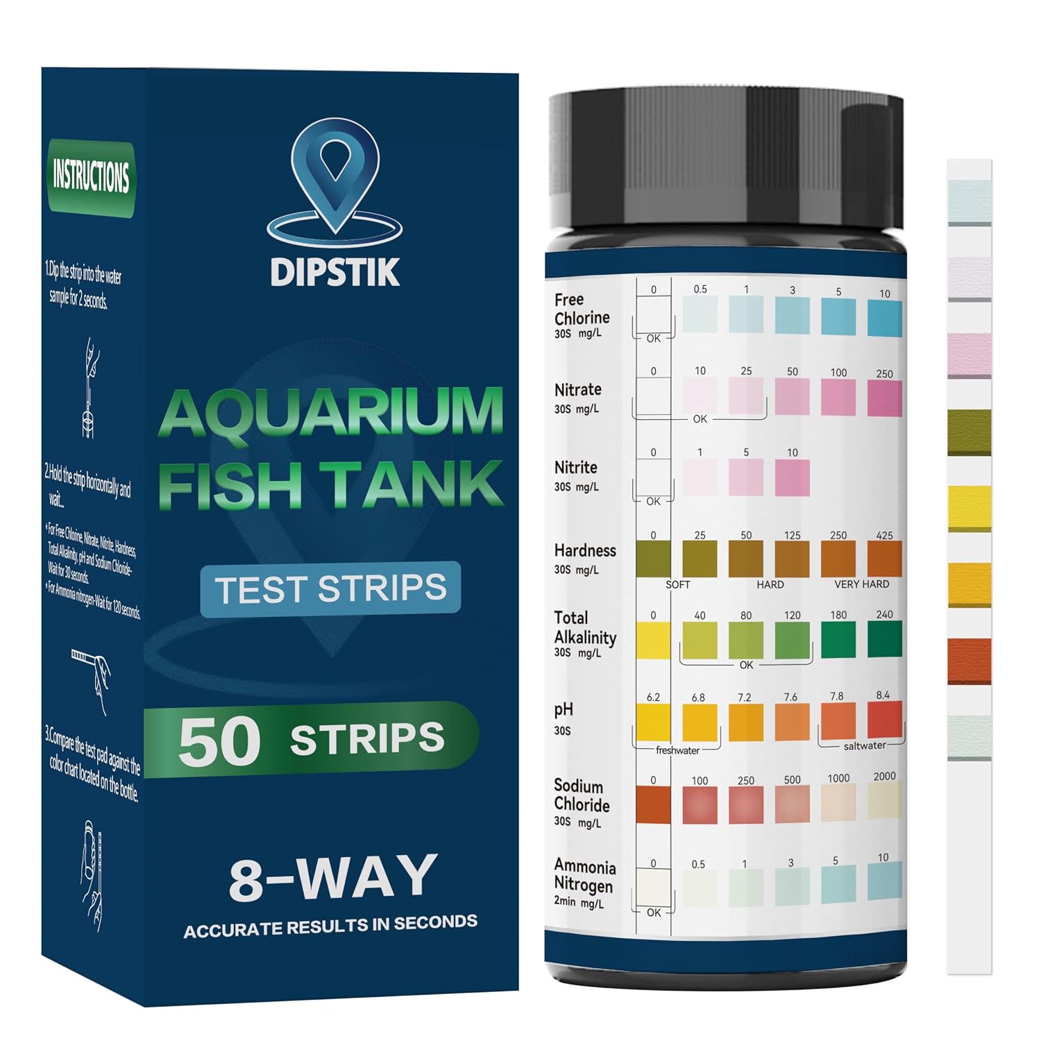 Aquarium Ammonia Test Strips,8-Way Aquarium Test Kit for Freshwater | 50 Strips Fish Tank Pond Test Strips,Test