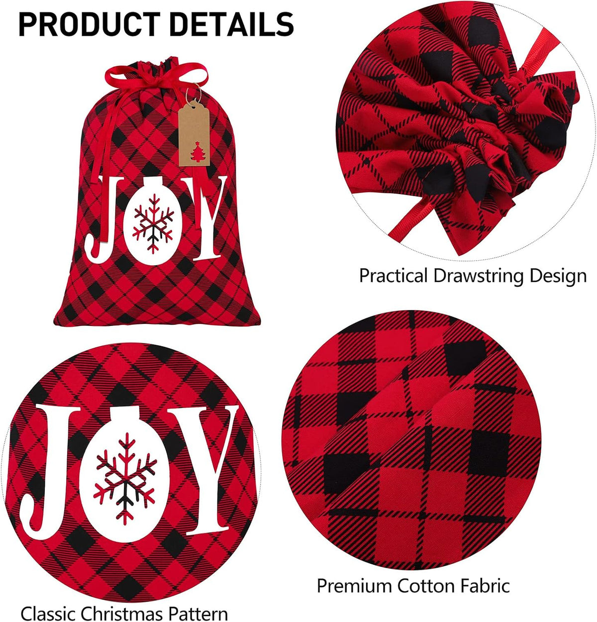 6 Pieces Christmas Drawstring Gift Bags Red and Black Plaid Drawstring Bags with 24 Kraft Paper Tags and 16 Feet Rope