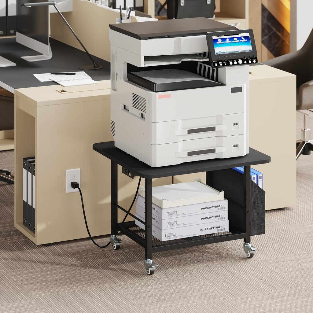 23.6" Large Printer Stand with Power Outlet,3D Printer Table,Black | Heavy Duty Rolling Cart for Home Office,Storage