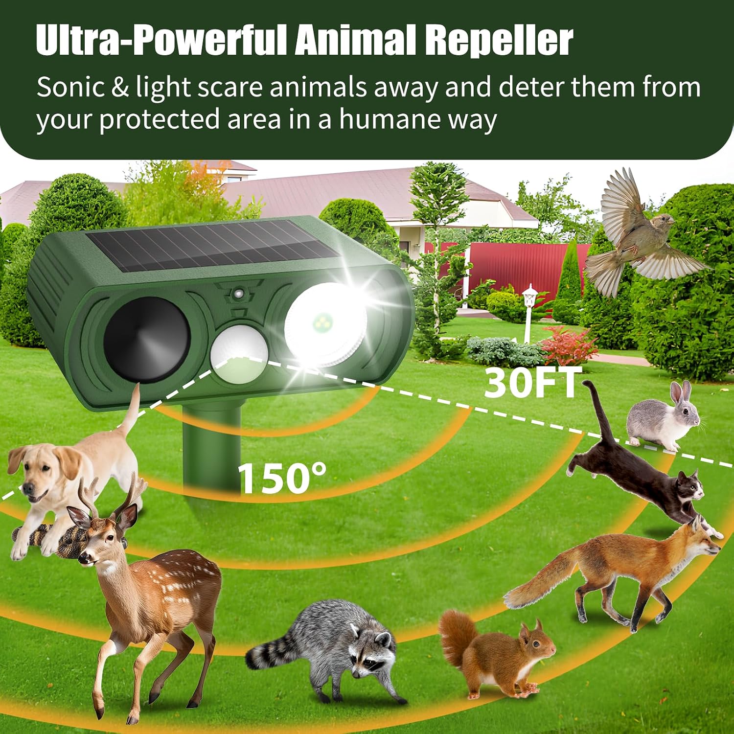 Solar Ultrasonic Animal Repellent, Deer Repellent Devices Waterproof, Cat Repellent Outdoor with Motion Detection