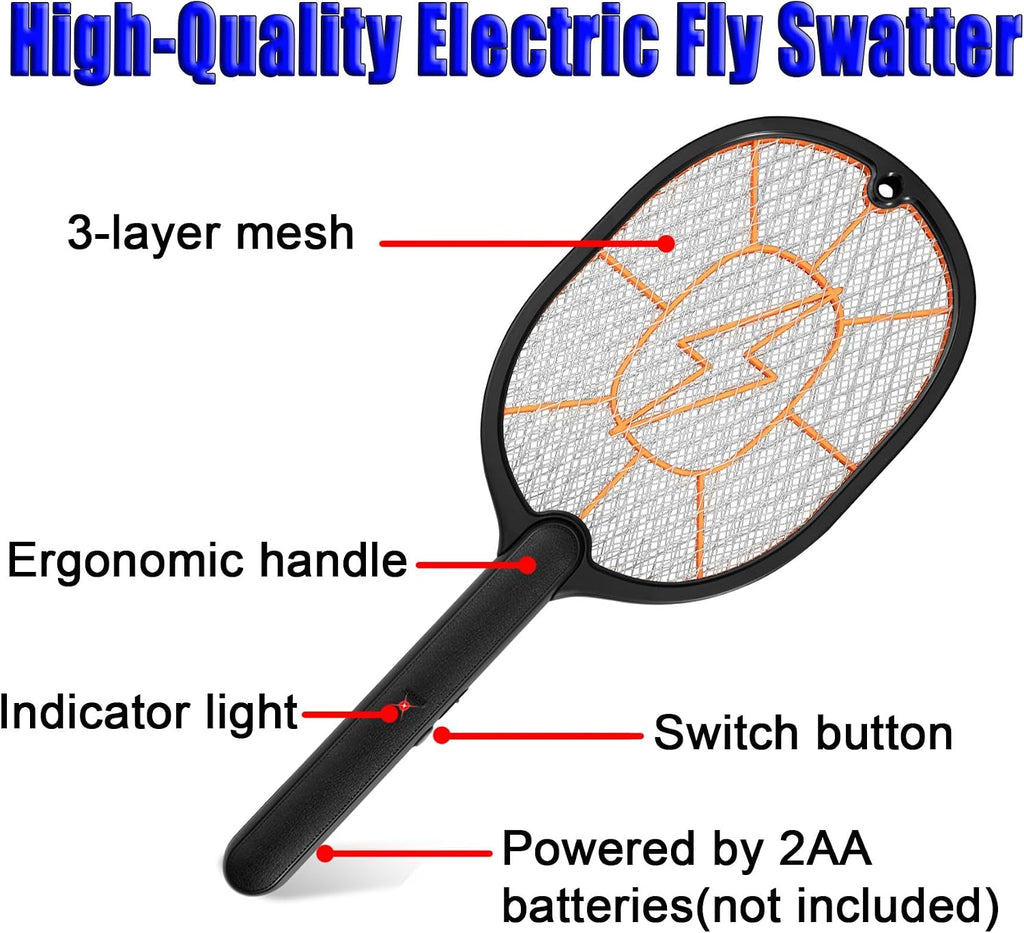 2-Pack Electric Fly Swatter, Black & Gray, AA Battery Operated Bug Zapper Racket for Indoor/Outdoor Use, Mosquito &