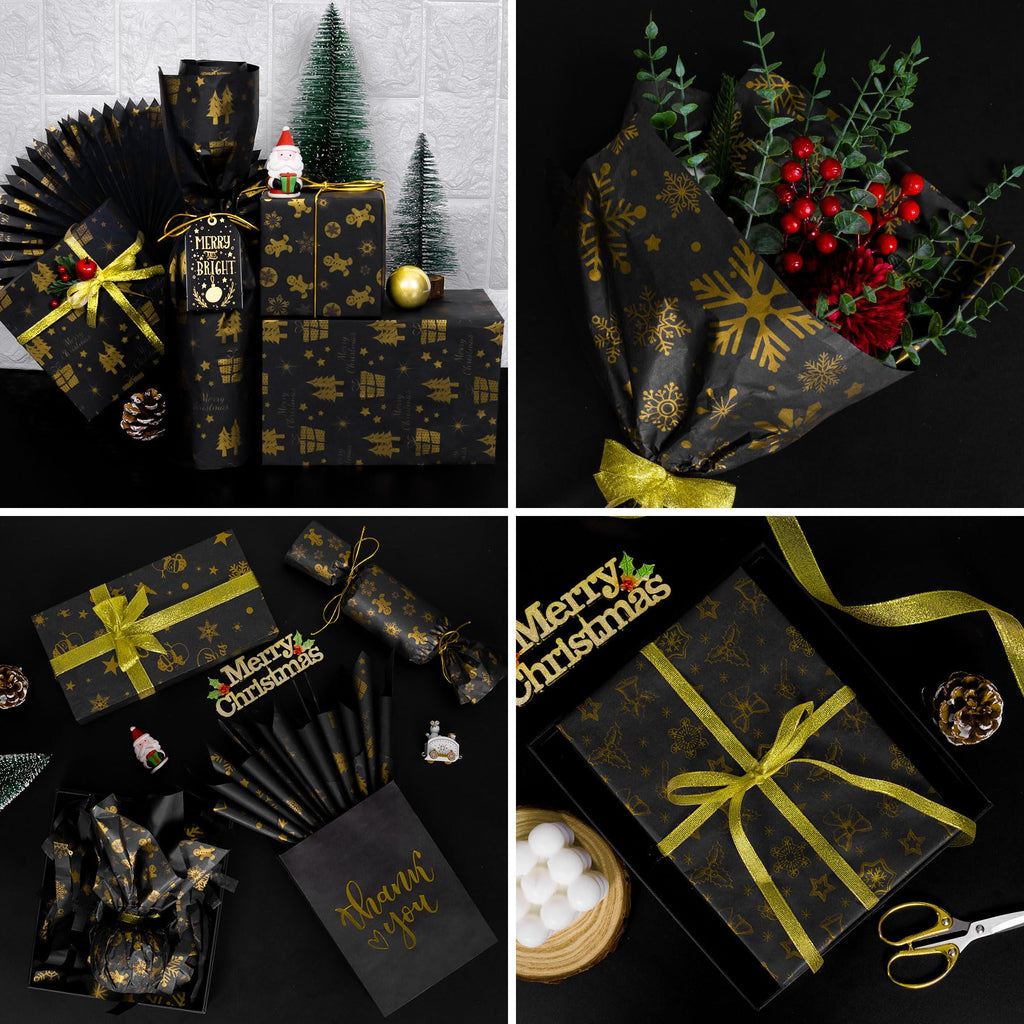 Christmas Tissue Paper, 50 Pcs Metallic Black Gold Tissue Paper for Gift Bags Craft Packaging Cute Gingerbread