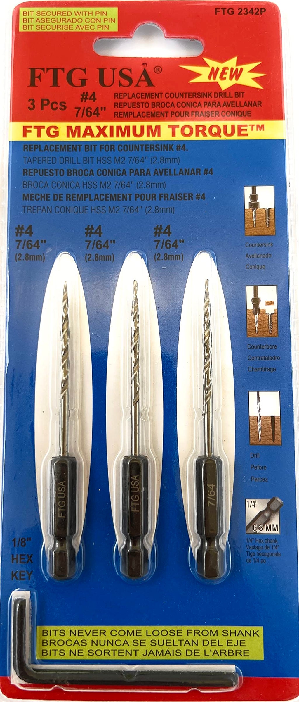 FTG USA 3 Pc #4 (7/64") Replacement Tapered Countersink Drill Bit Hex Shank