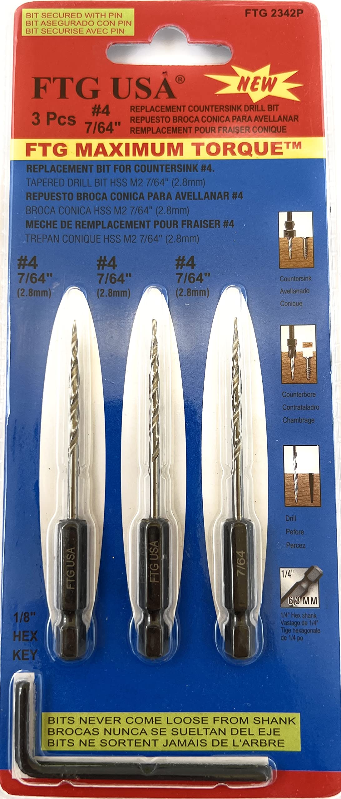 FTG USA 3 Pc #4 (7/64") Replacement Tapered Countersink Drill Bit Hex Shank