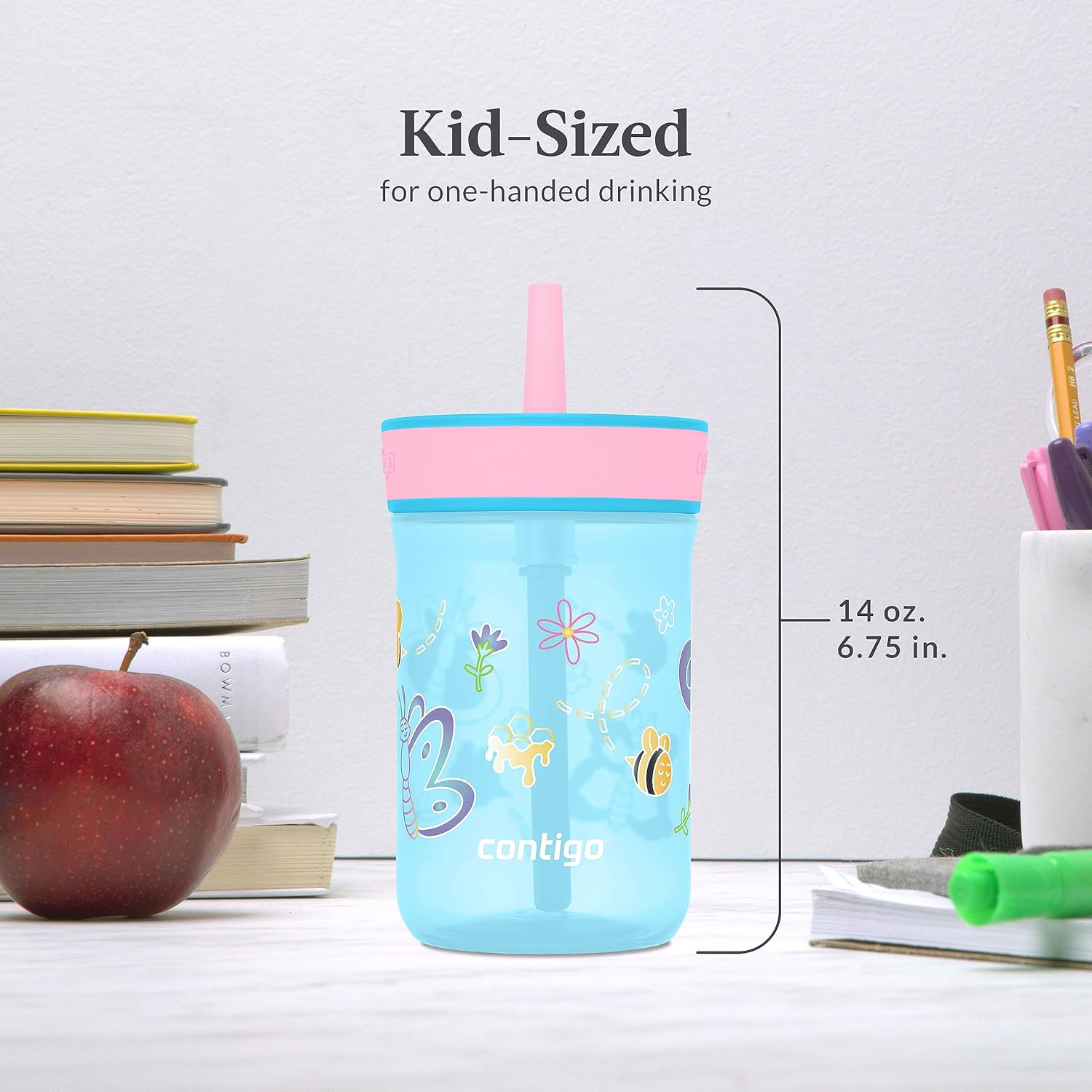 Leighton Kids Water Bottle, 2-Pack, 14oz, Spill-Proof, Blue Raspberry/Azalea & Butterlies/Llamas, Dishwasher Safe