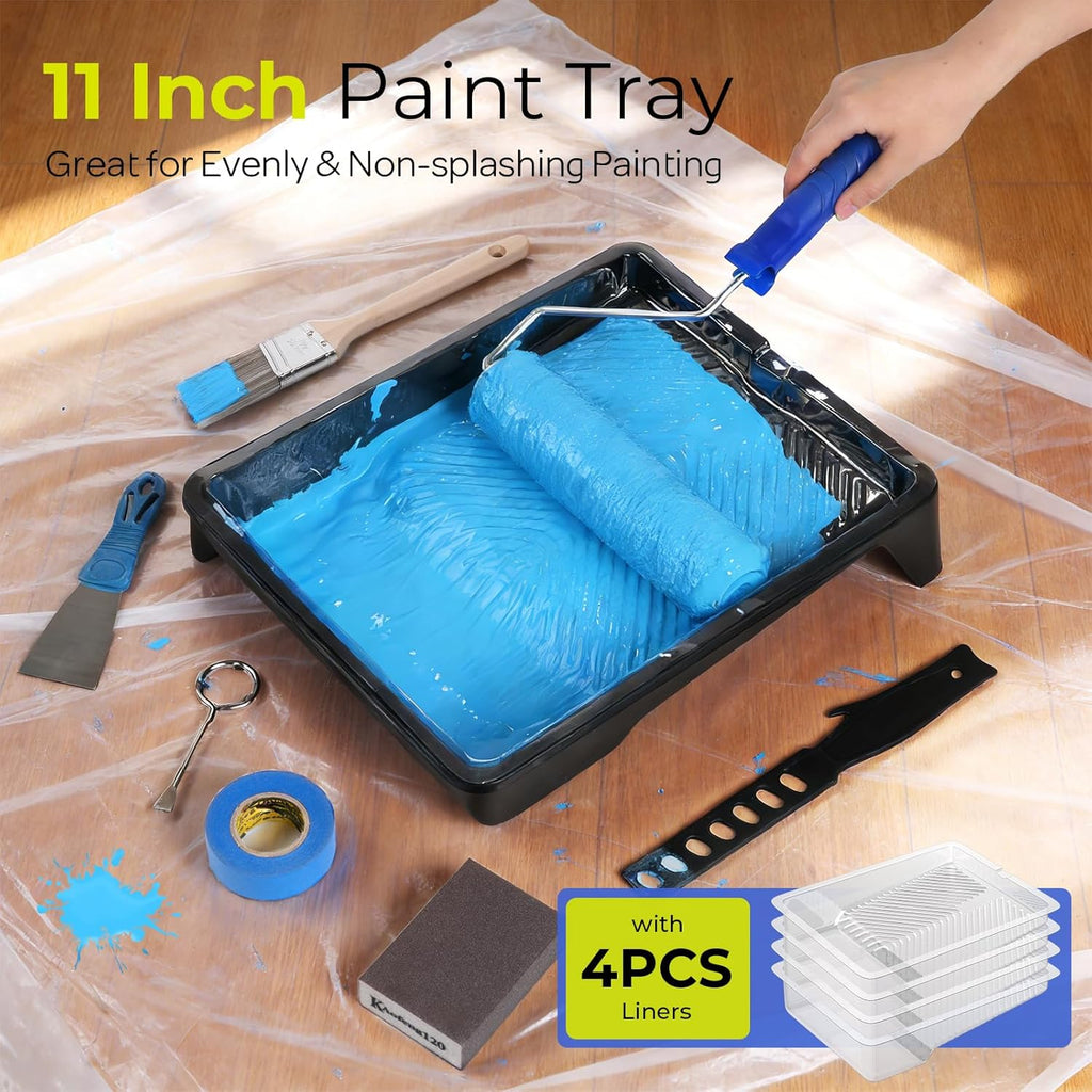34PCS Paint Roller Kit with 2 to 4 Ft Extension Pole, 4" & 9" Paint Rollers with 11'' Tray, Paint Brushes, Painting