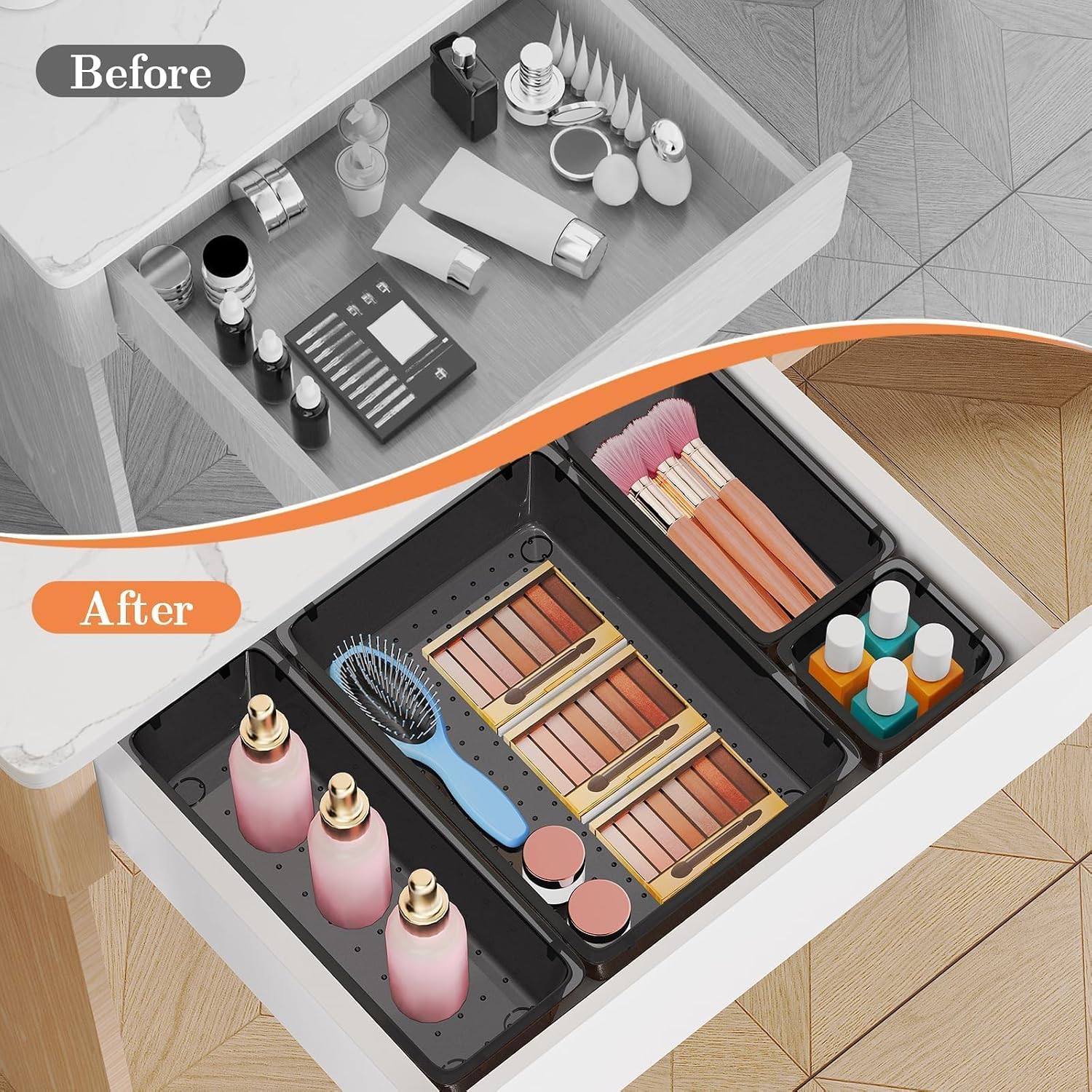 25 PCS Plastic Drawer Organizer Set, 4-Size Versatile Organizer Tool Trays & storage Bins for Makeup, Jewelry, and