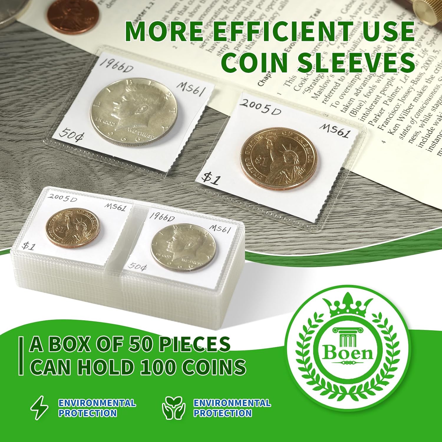 100 Pcs 2x2 Double Pocket Coin Flips with Paper Inserts | 200 Pockets Clear PVC Storage Coin Sleeves, Holders for