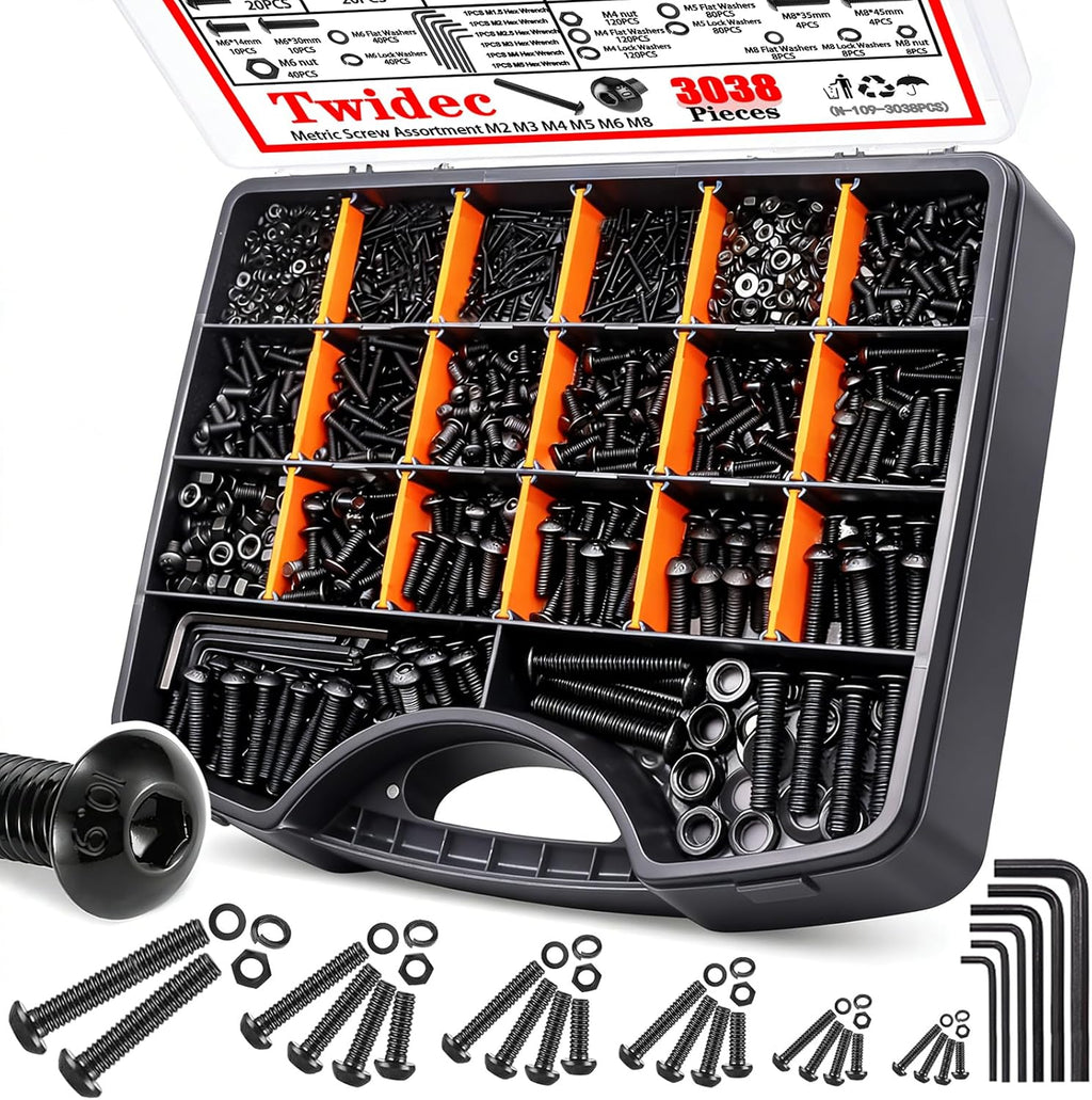 /3038PCS Metric Screw Assortment M2 M3 M4 M5 M6 M8 Machine Screws(4mm-45mm long) Grade 10.9 Button Head Hex Socket