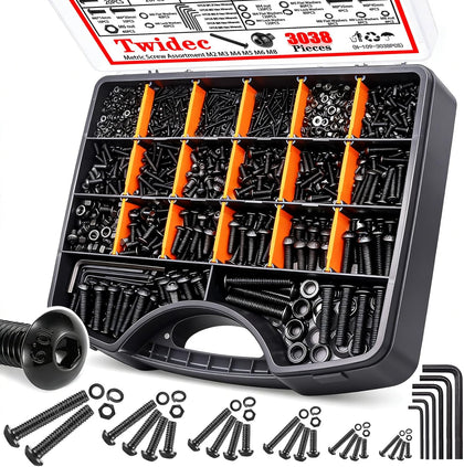 /3038PCS Metric Screw Assortment M2 M3 M4 M5 M6 M8 Machine Screws(4mm-45mm long) Grade 10.9 Button Head Hex Socket