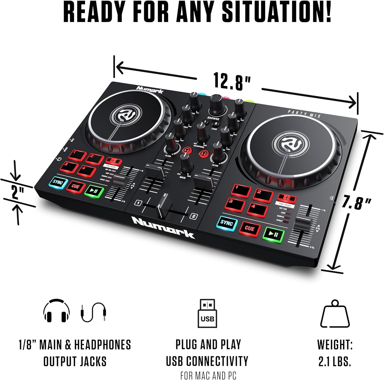 Party Mix II DJ Controller with Built-in Lights | 2-Decks, 2 Filter FX Knobs, DJ Mixer, Touch-Capacitive Wheels