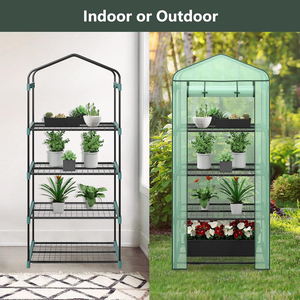 4 Tier Mini Greenhouse Indoor Outdoor with PE Cover and Roll-Up Zipper Door, Portable Waterproof Cloth Greenhouse