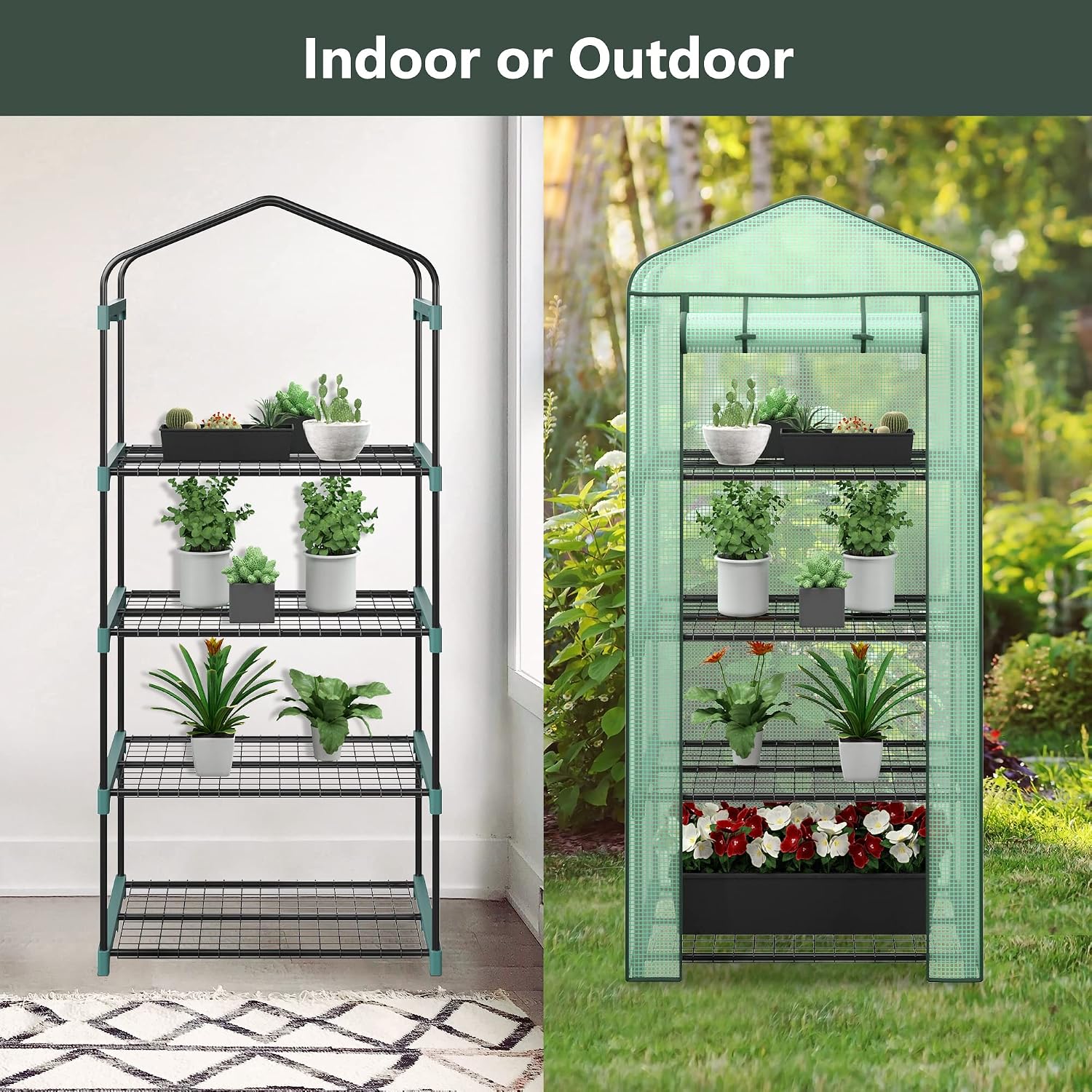4 Tier Mini Greenhouse Indoor Outdoor with PE Cover and Roll-Up Zipper Door, Portable Waterproof Cloth Greenhouse