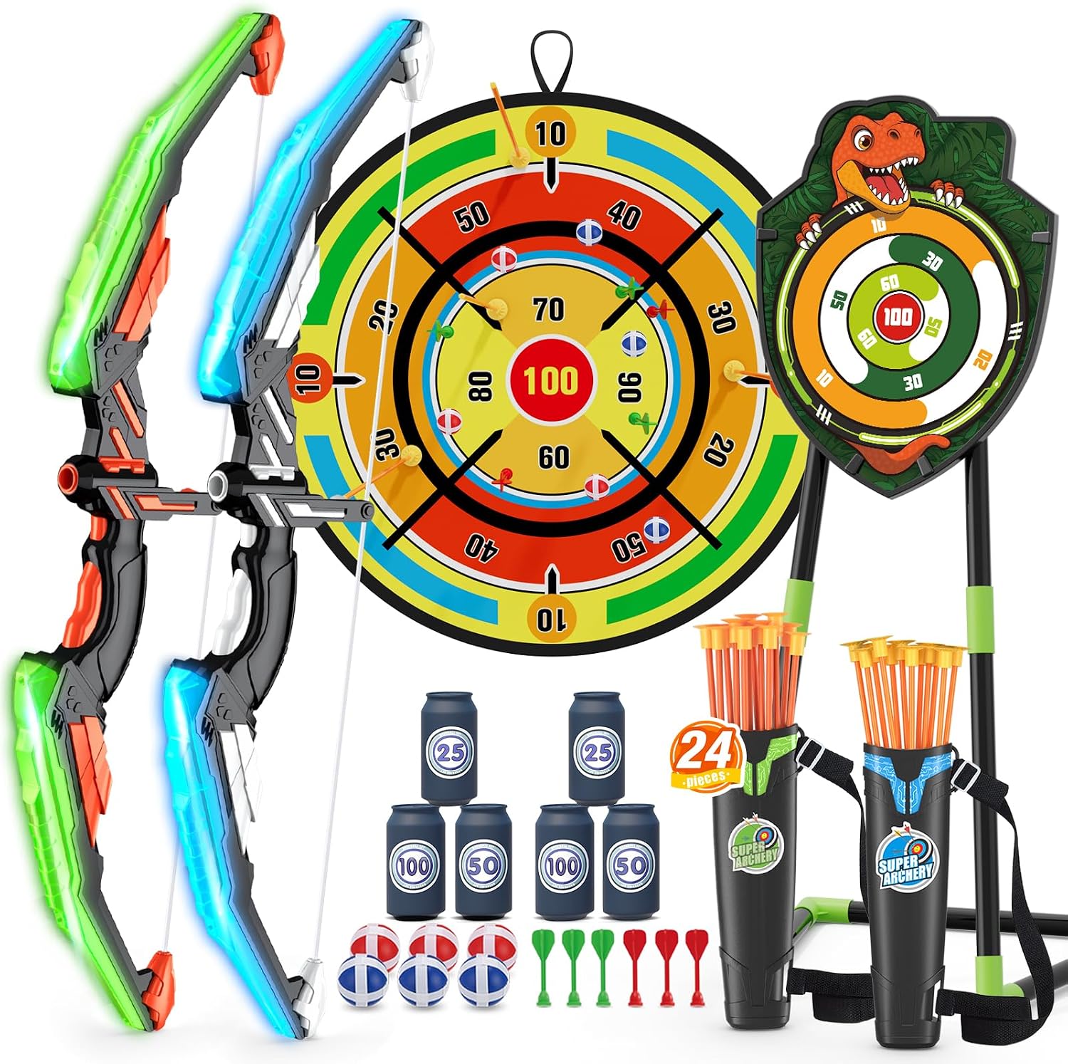 2 Pack Kids Bow and Arrow with 29" Large Dart Board & Dinosaur Target | Light Up Archery Set with 24 Suction Cup